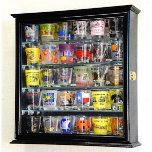 4 Adjustable Shelves Shot Glass Shotglass Shooter Mini Liquor Display Case Cabinet w/Mirror Back -Black